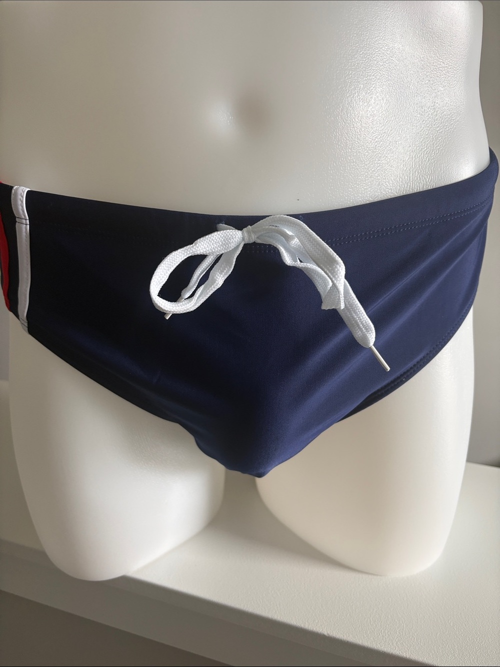 Navy Men's Swim Brief with White Drawstring